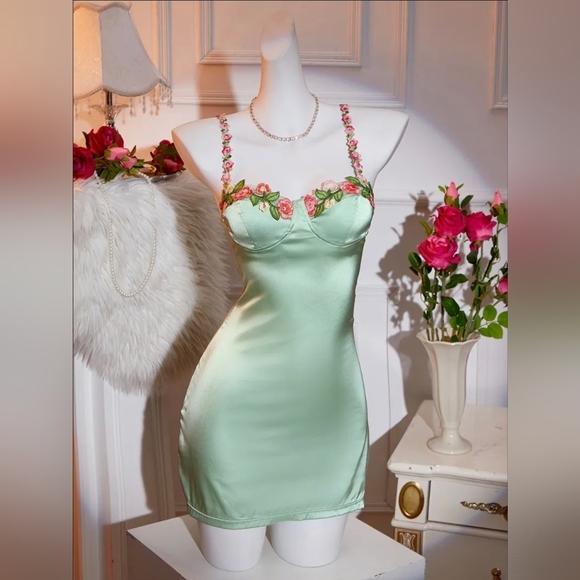 Dresses & Skirts - Light Green Floral Embroidered Satin Slip Dress